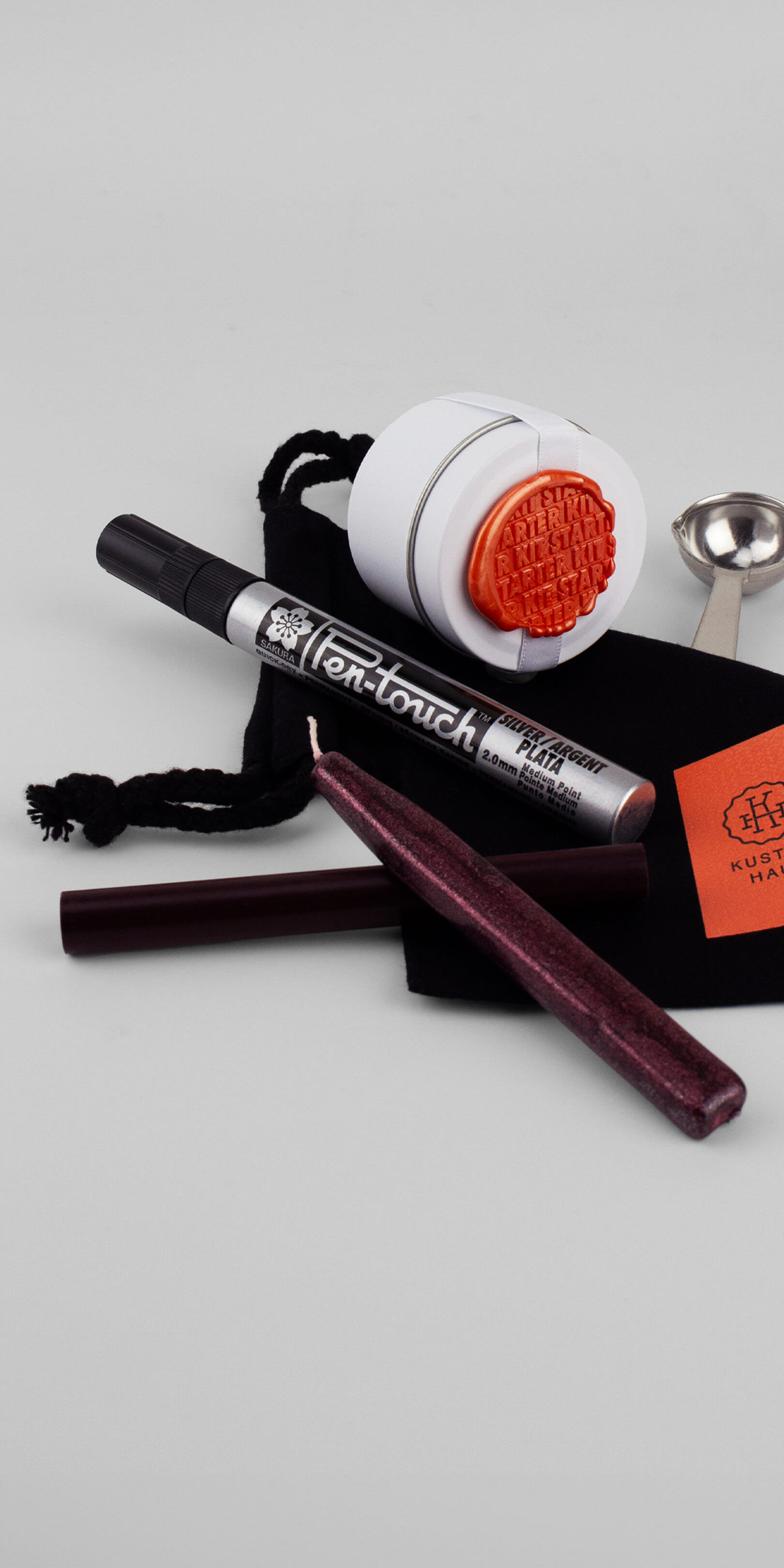 Kustom Haus Wax Seal Starter Kit with Sealing Wax, Melting Spoon, Candle, Metallic Marker and Calico Drawstring Storage Bag