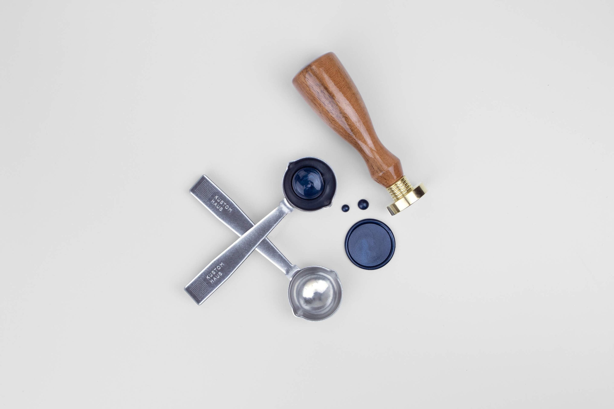 Wax Seal Stamp and two Melting Spoons with Navy Pearl Sealing Wax